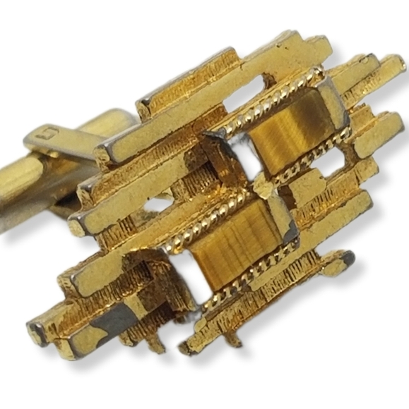 CHRISTIAN DIOR VINTAGE MID CENTURY MODERN GOLDPLATED & TIGERS EYE MENS CUFFLINKS - Picture 4 of 8